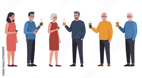 People holding coffee cups diverse group enjoying a coffee break perfect for illustrating workplace culture and social connections vector style