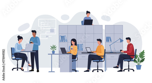 Team working in open office colleagues collaborating on laptops sharing ideas in a modern workspace perfect for illustrating teamwork  collaboration.