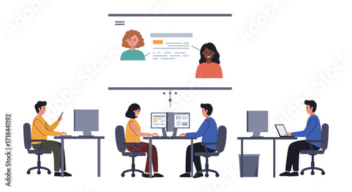 virtual meeting in office colleagues collaborating online discussing business strategy in modern workspace enhancing teamwork and communication