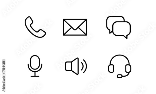 Minimalist communication icons set: phone, mail, chat, mic, sound, headset