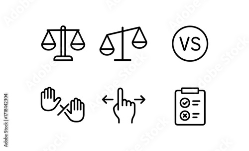 Balance and decision symbols: scales, comparison, and interaction icons in linear style