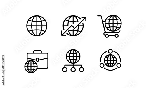 Global business icons: minimalist line art for e-commerce and networking
