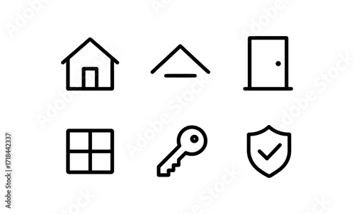 Minimalistic home and security icon set: house, door, window, key, shield