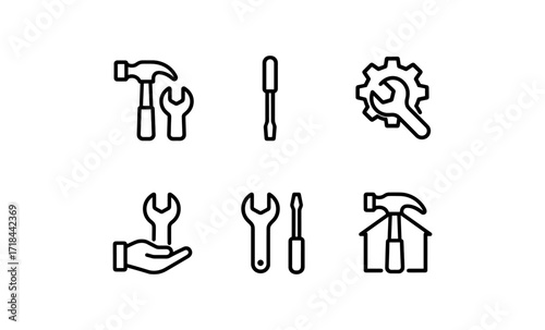 Minimalist line icons of tools and repair equipment on white background