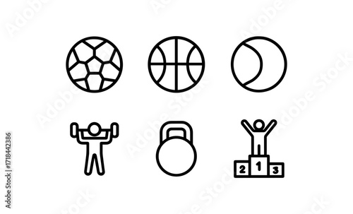 Sports equipment and activities icons set in minimalist linear style