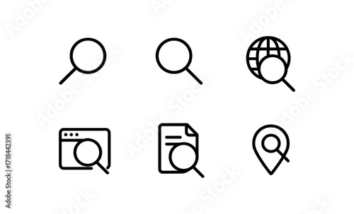 Magnifying glass icons set: simple line style for web and app interfaces