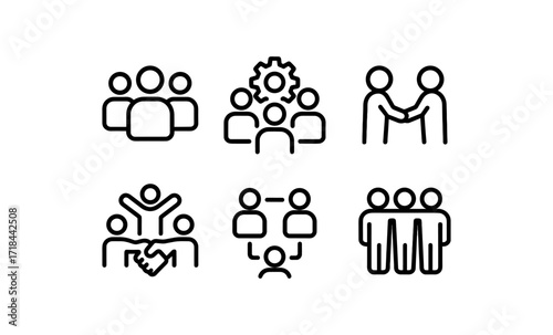 Simple line icons representing teamwork and collaboration concepts