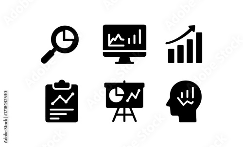 Data analytics icons: business and technology in silhouette style