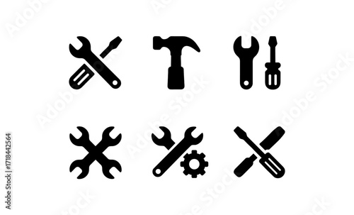 Silhouette tool icons set: wrench, hammer, screwdriver in black