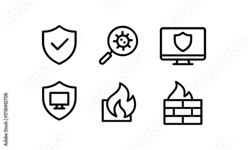 Minimalist cybersecurity icons: shield, firewall, virus, computer protection