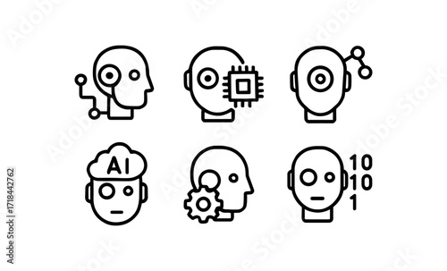 Minimalist linear icons of artificial intelligence and machine learning concepts