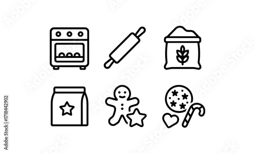 Set of baking and holiday cookie icons in modern outline style