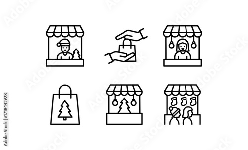 Festive market icons featuring holiday stalls and seasonal shopping in linear style