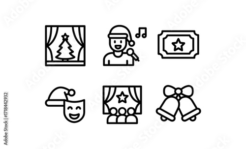 Festive line icons of christmas trees, music, tickets, and holiday bells