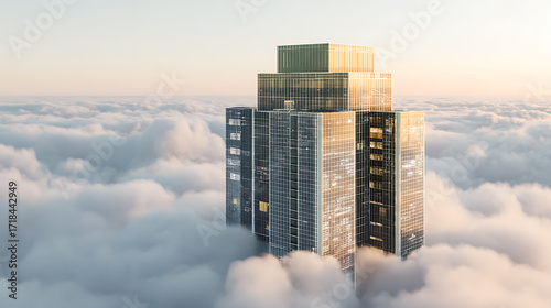 Modern skyscraper rising above a sea of clouds at sunrise