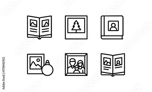 Minimal line art icons of photo albums and picture frames