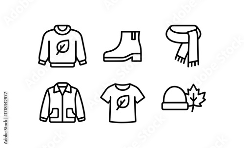 Autumn clothing icons: cozy outfits and seasonal accessories in minimalist outline style