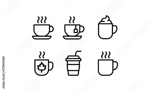 Minimalist coffee and tea line art icons set for cafes and menus
