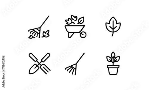 Garden tools and nature icons in minimalist line art style for gardening enthusiasts