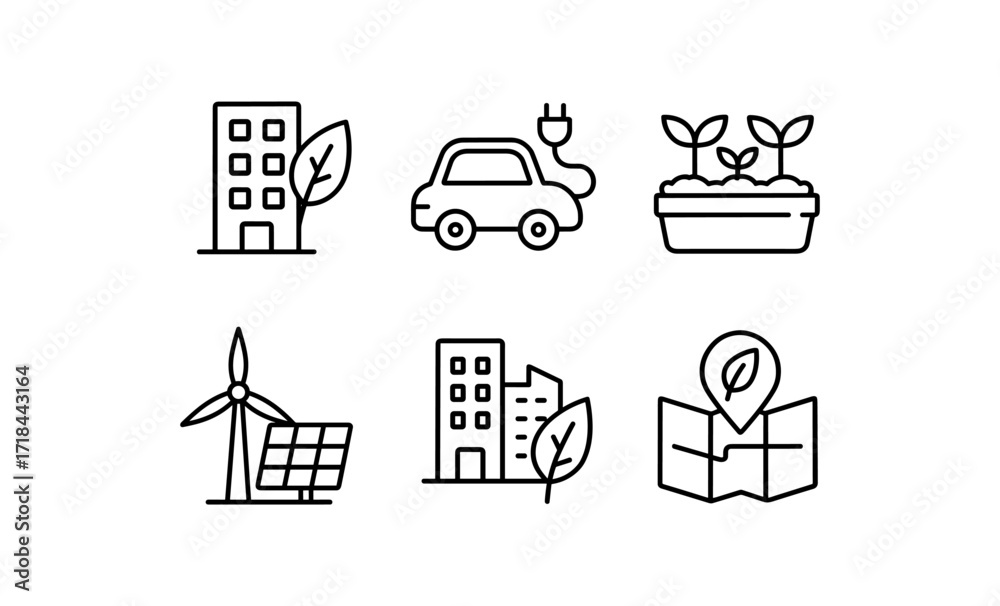 Fototapeta premium Eco-friendly icons: renewable energy, electric cars, urban greenery and sustainable living in line art