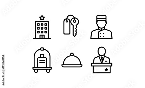 Hotel service icons: bellhop, concierge, luggage, room key, building, dinner