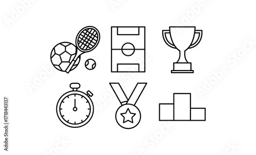 Sports outline icons: trophy, stopwatch, tennis, soccer, medal, podium