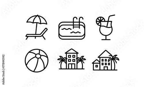 Minimalist summer icon set: umbrella, pool, cocktail, beach ball, resort