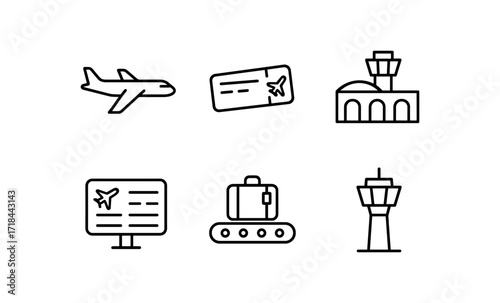 Airport icons set featuring airplane, ticket, terminal and control tower in linear style