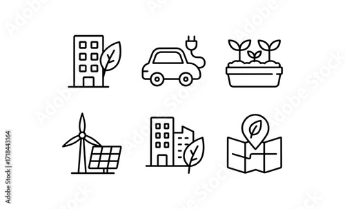 Eco-friendly icons: renewable energy, electric cars, urban greenery and sustainable living in line art