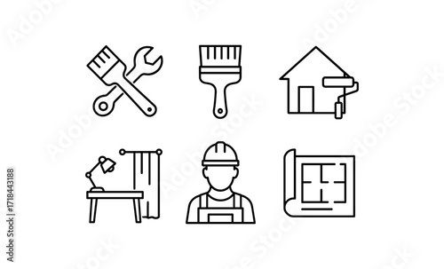 Home renovation and diy icons: tools, worker, and plans in linear style