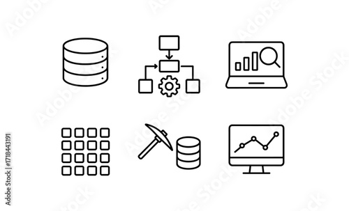 Data management icons: linear style for analytics and technology concepts
