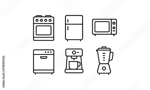 Minimalist home kitchen appliance icons set in linear style