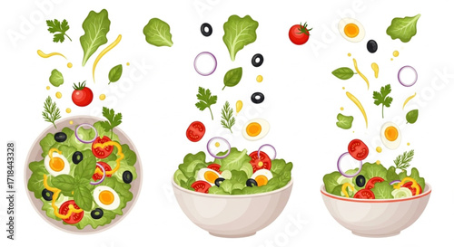 Vegetable Salad Bowls Set – Fresh Healthy Dishes with Flying Ingredients Vector Illustration