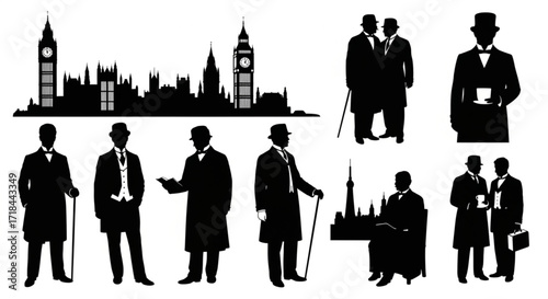 Set of London Gentlemen Silhouette BW Vector - Dandy Man Icons Illustration