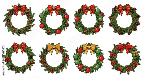 Christmas Wreaths Set - Round Holiday Decor with Fir Branches, Cones, and Ribbons Flat Vector Illustration