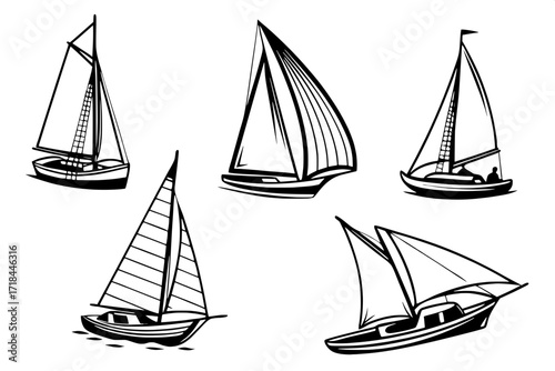 Seven stylized boats in a flat technical perspective, black outline drawings, white background.