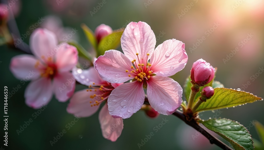 Fototapeta premium Macro shot of pink cherry blossoms with fresh water droplets. Delicate petals, vibrant colors, and green leaves signal spring renewal. Soft bokeh background with warm sunlight.