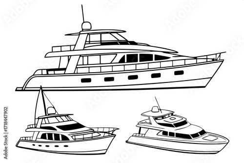 Yacht blueprints simplified into black line drawings, showcasing variations in deck and hull design.
