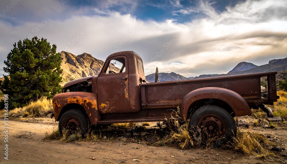 Fototapeta premium Rusty truck in a desert landscape