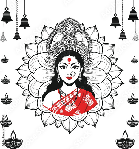 Black And White Goddess Face With Lotus Mandala Bells And Diyas durga hindu