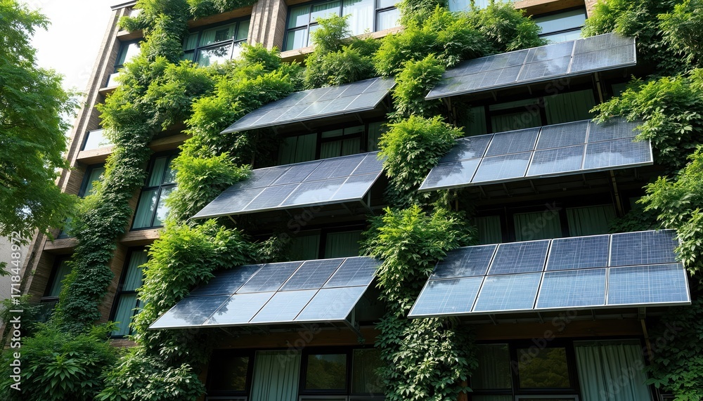 Fototapeta premium Ivy-covered solar panels integrated into building facade. Urban green energy system combines photovoltaic tech with plant growth. Sustainable architecture promotes renewable power generation,