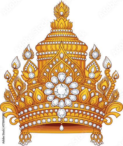 Golden Crown Adorned With Diamonds And Peacock Feather Motifs jewelry