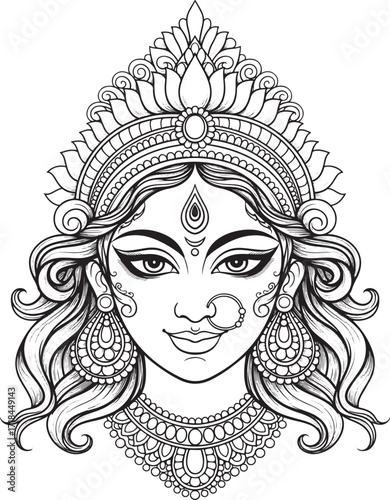 Indian Goddess Durga Face Line Art Illustration With Ornate Jewelry hindu religion