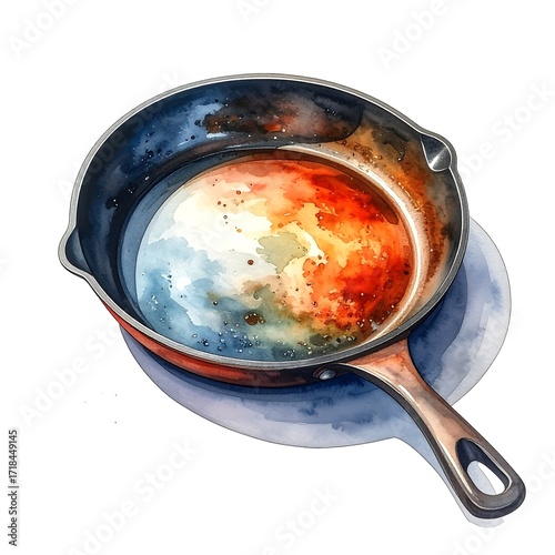 Watercolor illustration of a used pan