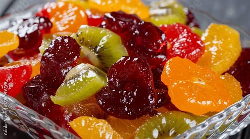 A close up shot of a glass bowl filled with a variety of colorful candied fruit pieces on a table