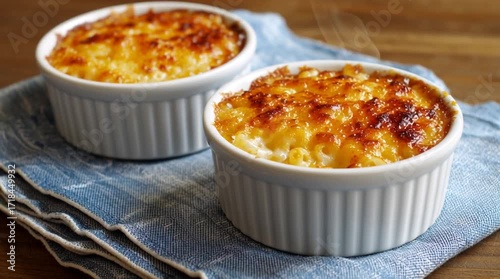 Two ramekins of baked macaroni and cheese on a blue linen napkin on a wooden table surface view