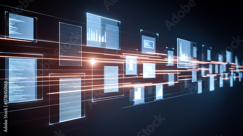 Digital data flow visualization with glowing panels and streaming information on a dark background