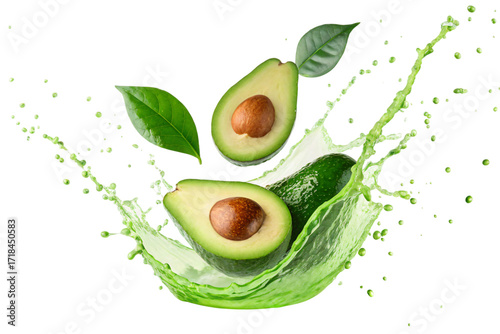 Fresh avocado halves with vibrant juice splash, ideal for healthy eating promotions or smoothie ingredient visuals, vibrant and enticing