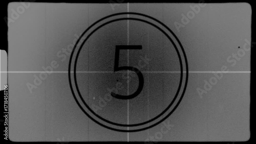 Retro style film countdown ten to zero animation with dust grain and distortion effects