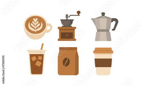 Retro coffee icons with vintage aesthetic and glowing effect for cafe menus